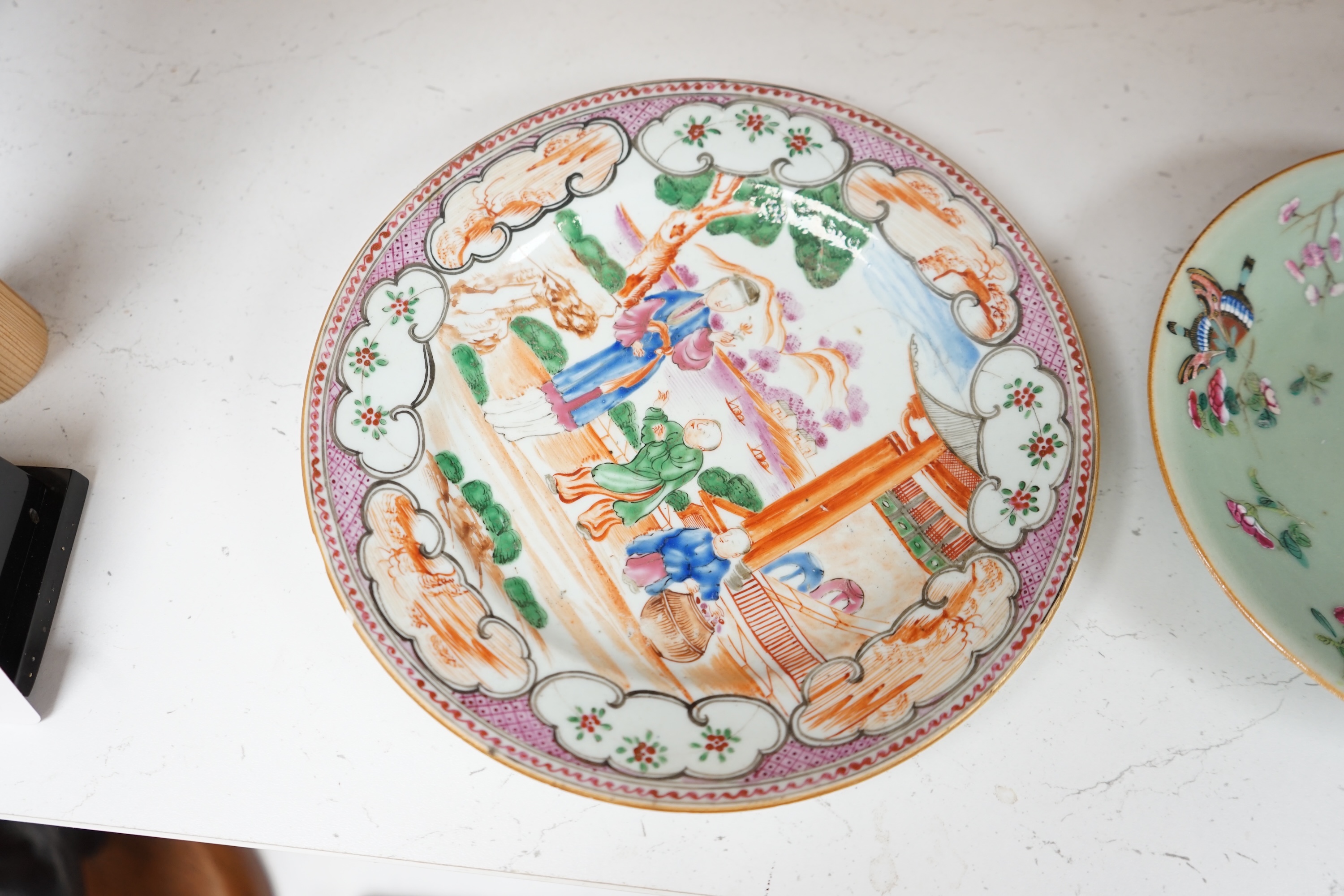 A Chinese export famille rose plate, two pedestal stem dishes and another famille rose dish, Canton plate 23cm diameter. Condition - fair